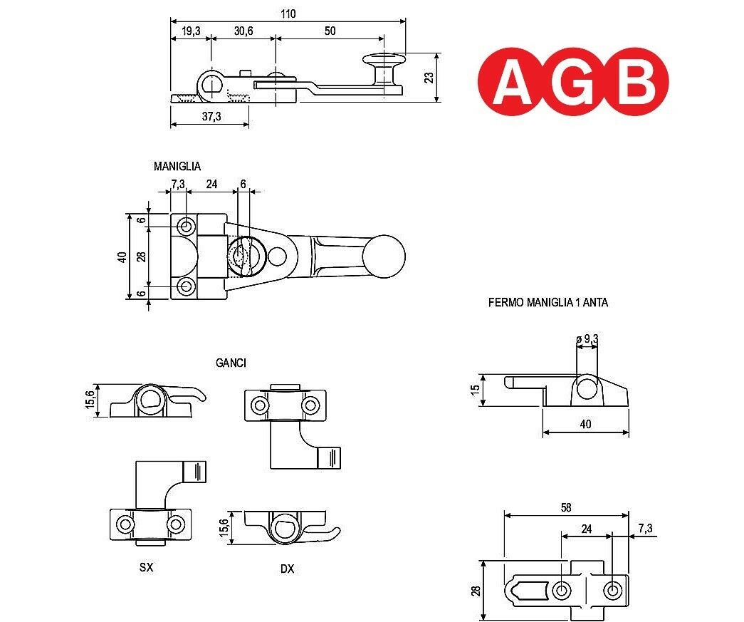 CONFEZIONE BASE SPAGNOLETTA AGB 1 ANTA H009030793 MANIGLIA CHIUSURA SPAGNOLETTA