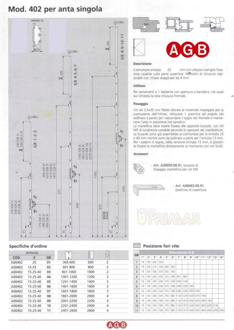 Cremonese anta singola AGB A004022510 mod.402 cm.220/240 GR10 Entrata mm.25