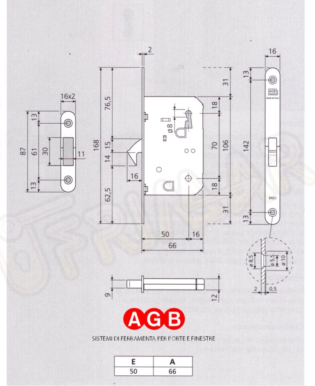 SERRATURA AGB SCIVOLA A GANCIO 01771.50 OTTONATO LUCIDO CHIUSURA A CHIAVE