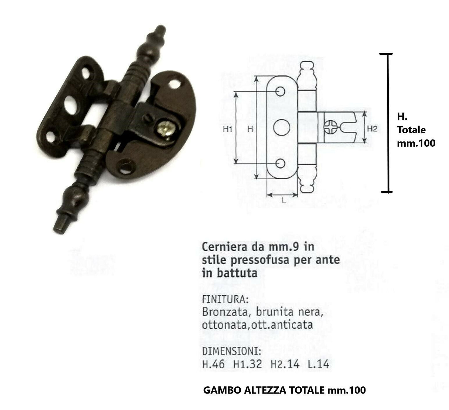 CERNIERE PER MOBILI ANTICHI X ANTE A BATTUTA gambo D.9 H.100 BRONZO ANSELMI 253