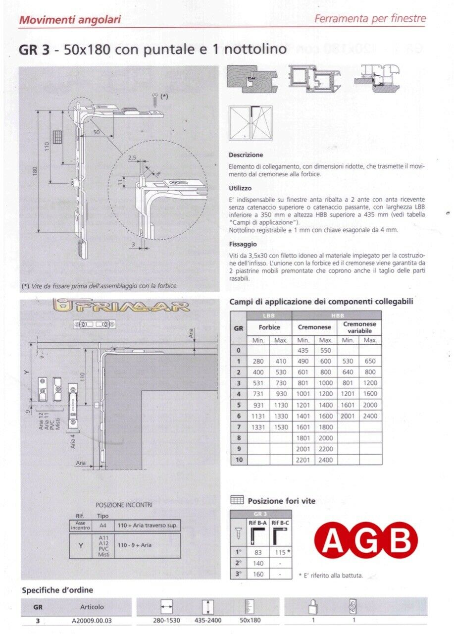 Movimento angolare AGB A200090003 GR3 mm.50x180 ricambio anta ribalta 01689508