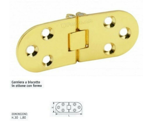CERNIERE PER TAVOLI CON FERMO mm.30x80 OTTONE LUCIDO CERNIERA RIBALTA BISCOTTO