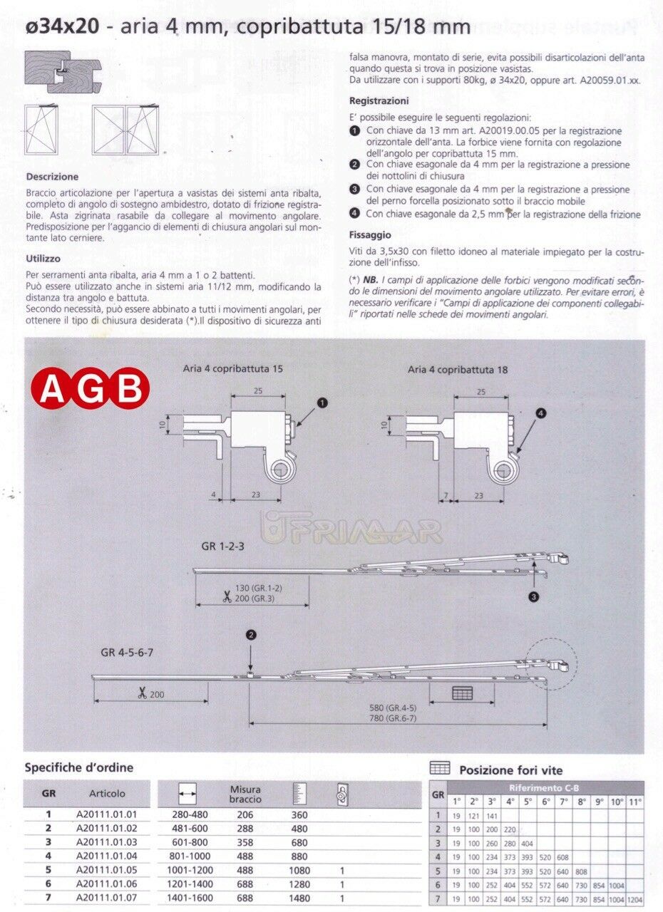 Forbice AGB braccio anta ribalta A401110101 cm.28/48 GR1 per infissi legno
