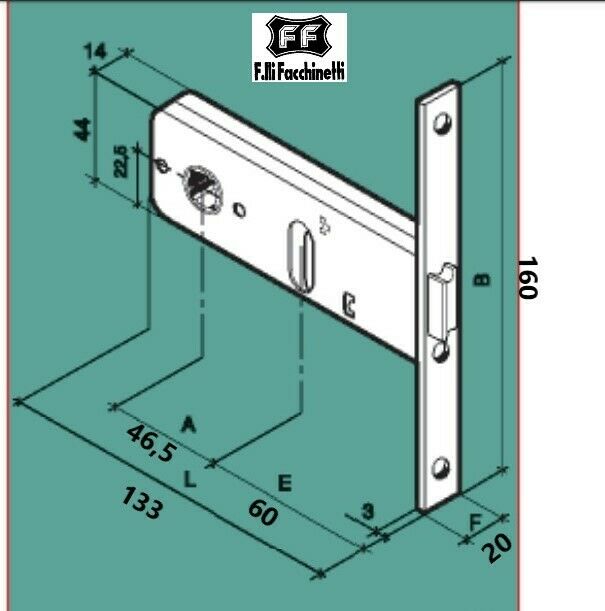 SERRATURA PER CANCELLI PORTE IN FERRO FF Entrata mm.60 DA INFILARE A4160200