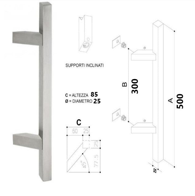 Maniglione per porta Acciaio Inox satinato L.mm.500 inter. mm.300 ACCIAROLI