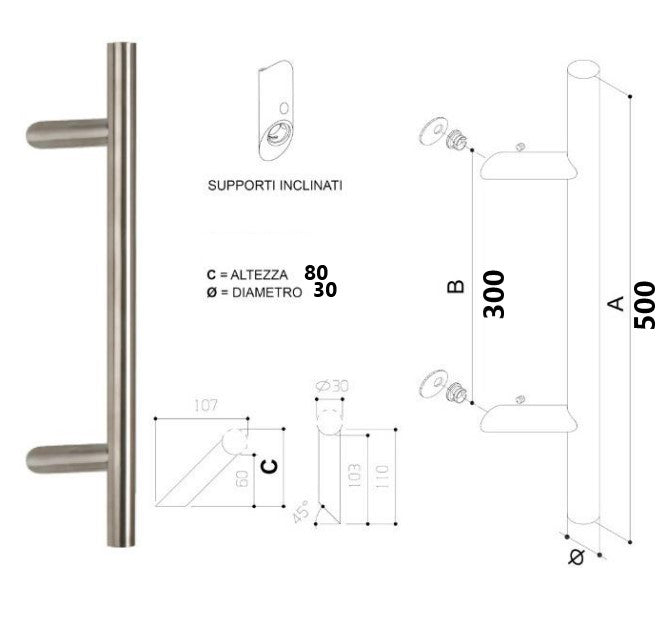 Maniglione per porta Acciaio Inox satinato L.mm.500 inter. mm.300 AGROPOLI