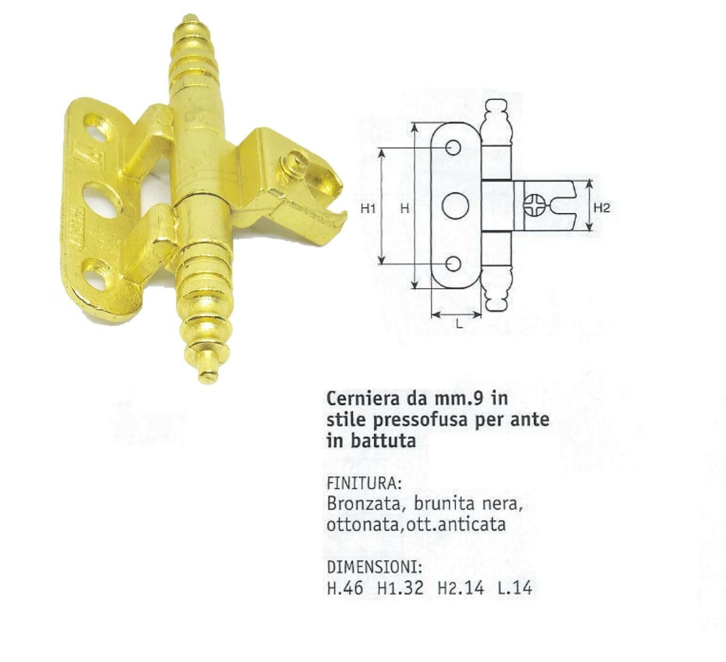 CERNIERE PER MOBILI ANTICHI PER ANTE IN BATTUTA gambo mm.9 ORO H.80 ANSELMI 253