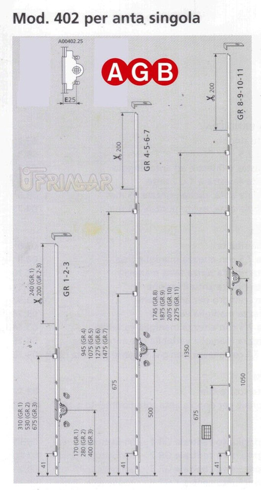 Cremonese anta singola AGB A004022510 mod.402 cm.220/240 GR10 Entrata mm.25