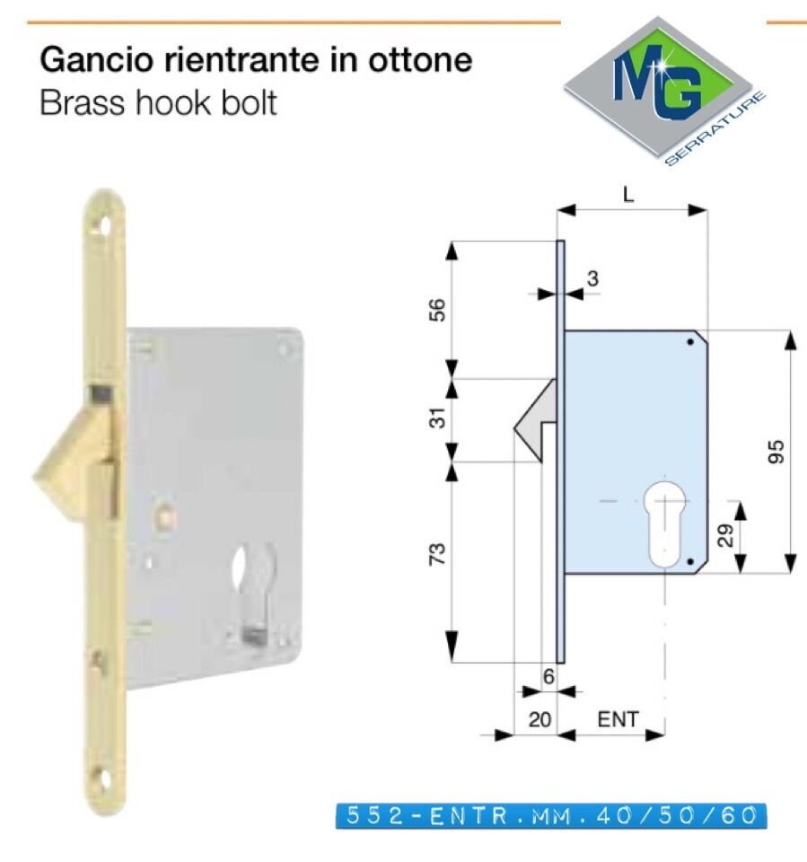 SERRATURA MG 552 ENTR.mm.40/50/60  DA INFILARE GANCIO RIENTRANTE CON CILINDRO