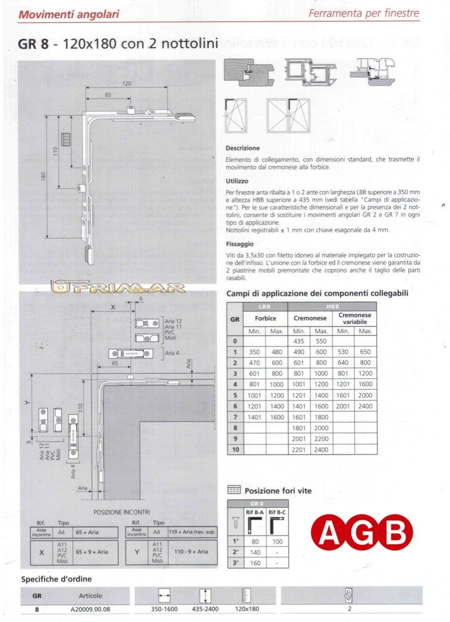 Movimento angolare AGB cod.A200090008 GR8 mm.120x180 ricambio per anta ribalta