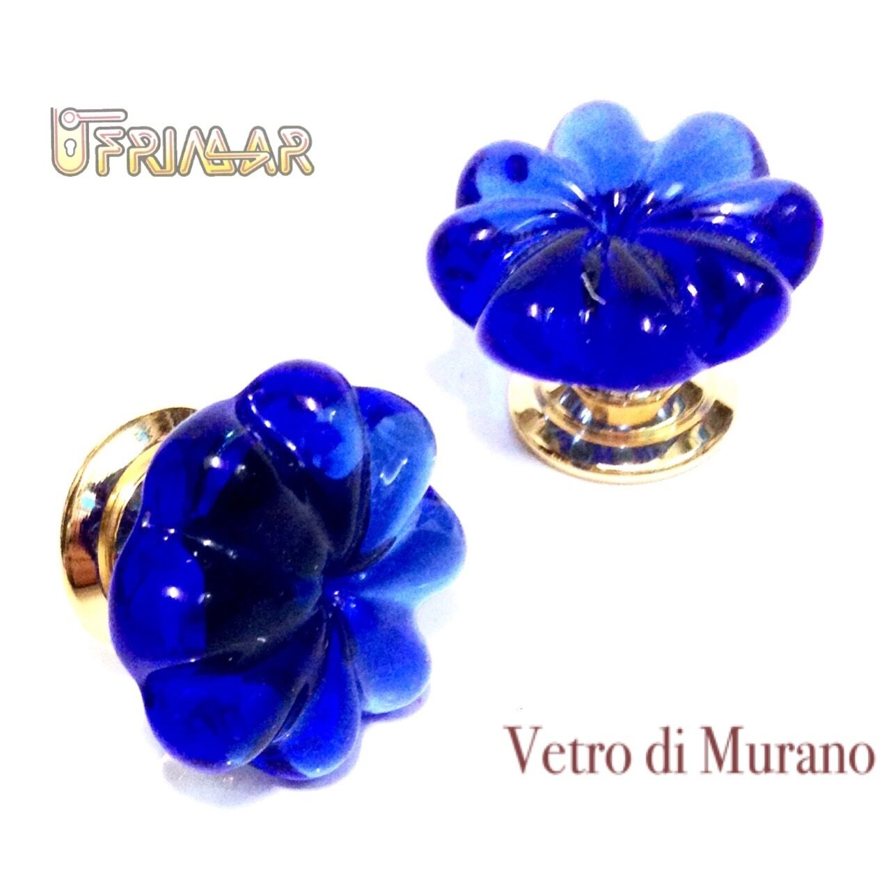 POMOLO VETRO DI MURANO D.mm.30 BLU LUCIDO con base ORO LUCIDO Made in Italy