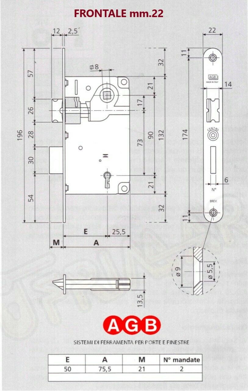 SERRATURA AGB PATENT CENTRO 1001.50 mm.50 OTTONATA  INFILARE PORTA  DIST.90