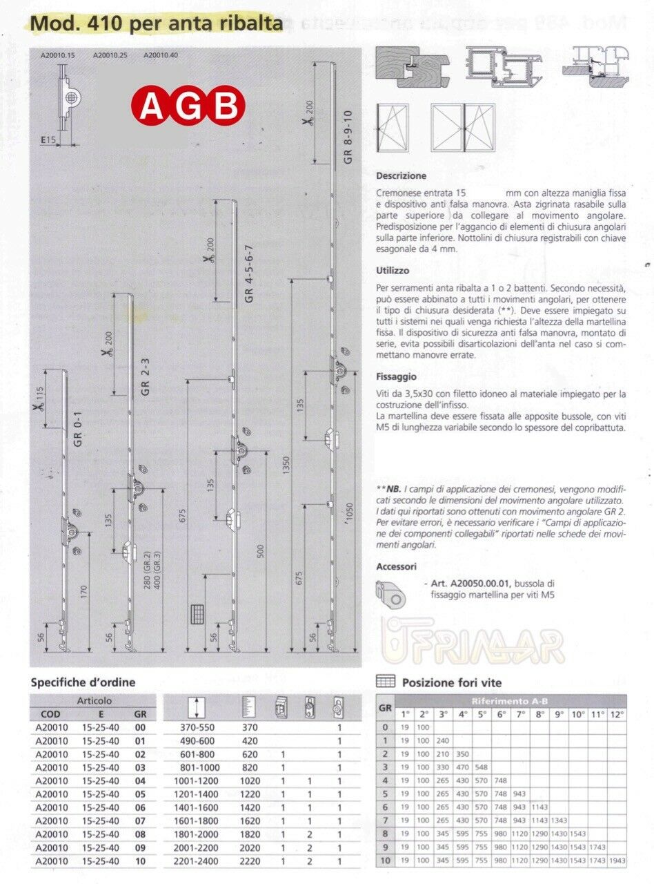 Cremonese AGB anta ribalta A200101510 mod.410 GR10 2200-2400 / 00019801 0029809