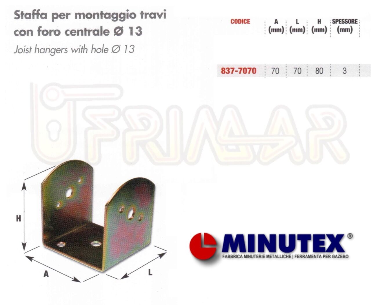 Staffa Supporto a U mm.70x70x80 per Montaggio Travi Lamellari a Muro e Pilastri
