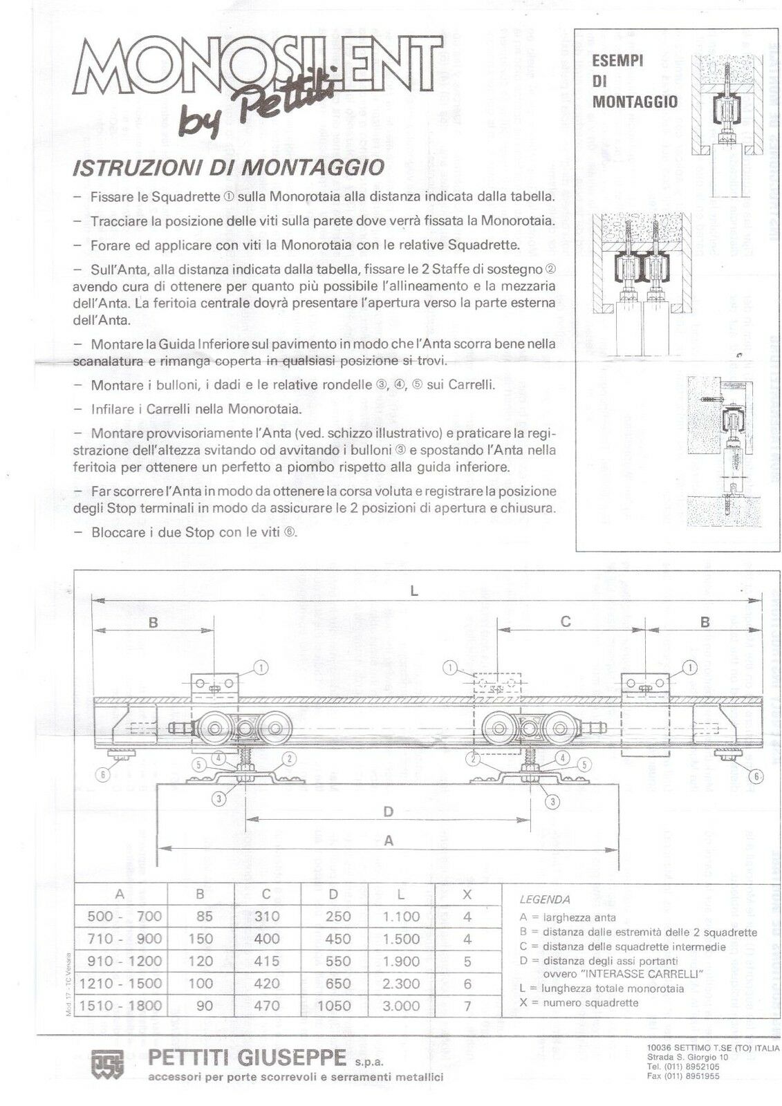 Scorrevoli in Kit portata KG.120 S120 con binario cm.230 Monosilent Pettiti