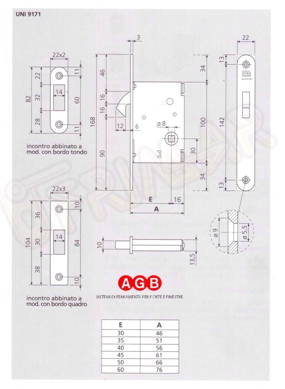 SERRATURA AGB PER PORTE SCORREVOLI 00704.50 E.mm.50 OTTONATA CHIUSURA CON CHIAVE