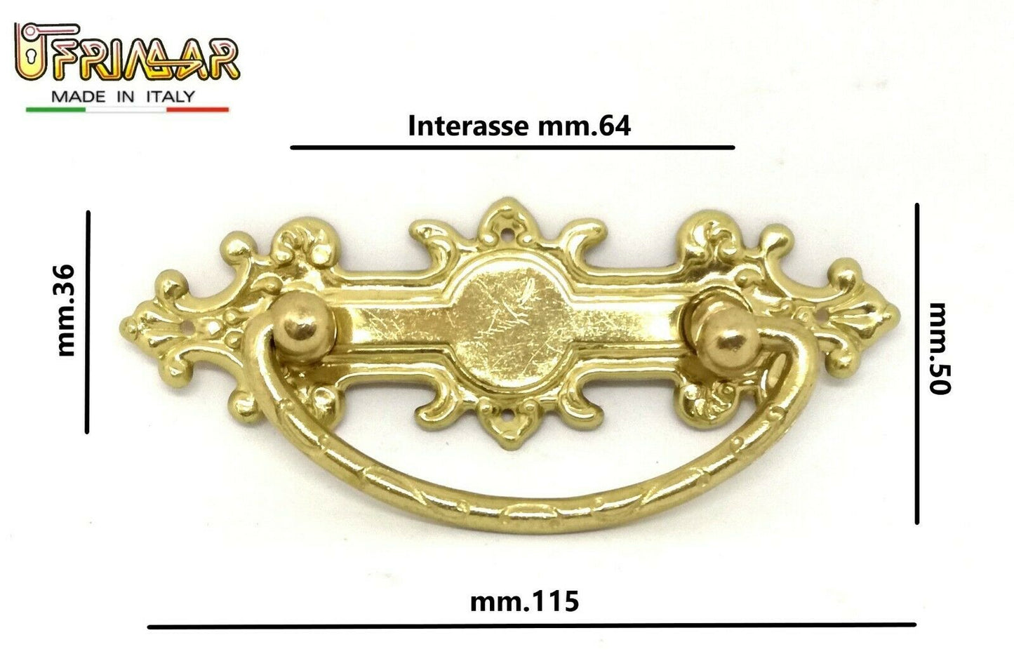 MANIGLIA CLASSICA PER MOBILE ANTICO INTERASSE mm.64 OTTONE LUCIDO ditta GIUSTI