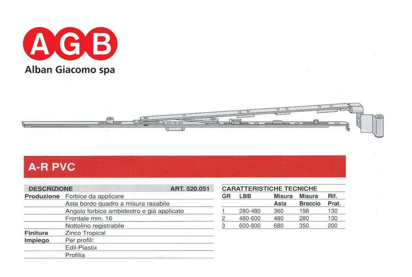 Forbice AGB anta ribalta A200110803 cm.60/80 GR3 infissi PVC LEGNO ALL. 520051