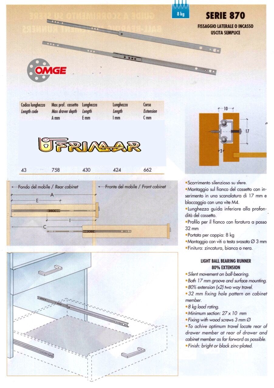 COPPIA GUIDA SCORREVOLE A SFERE X CASSETTI SERIE MICRO mm.250x17 Estr. Parziale