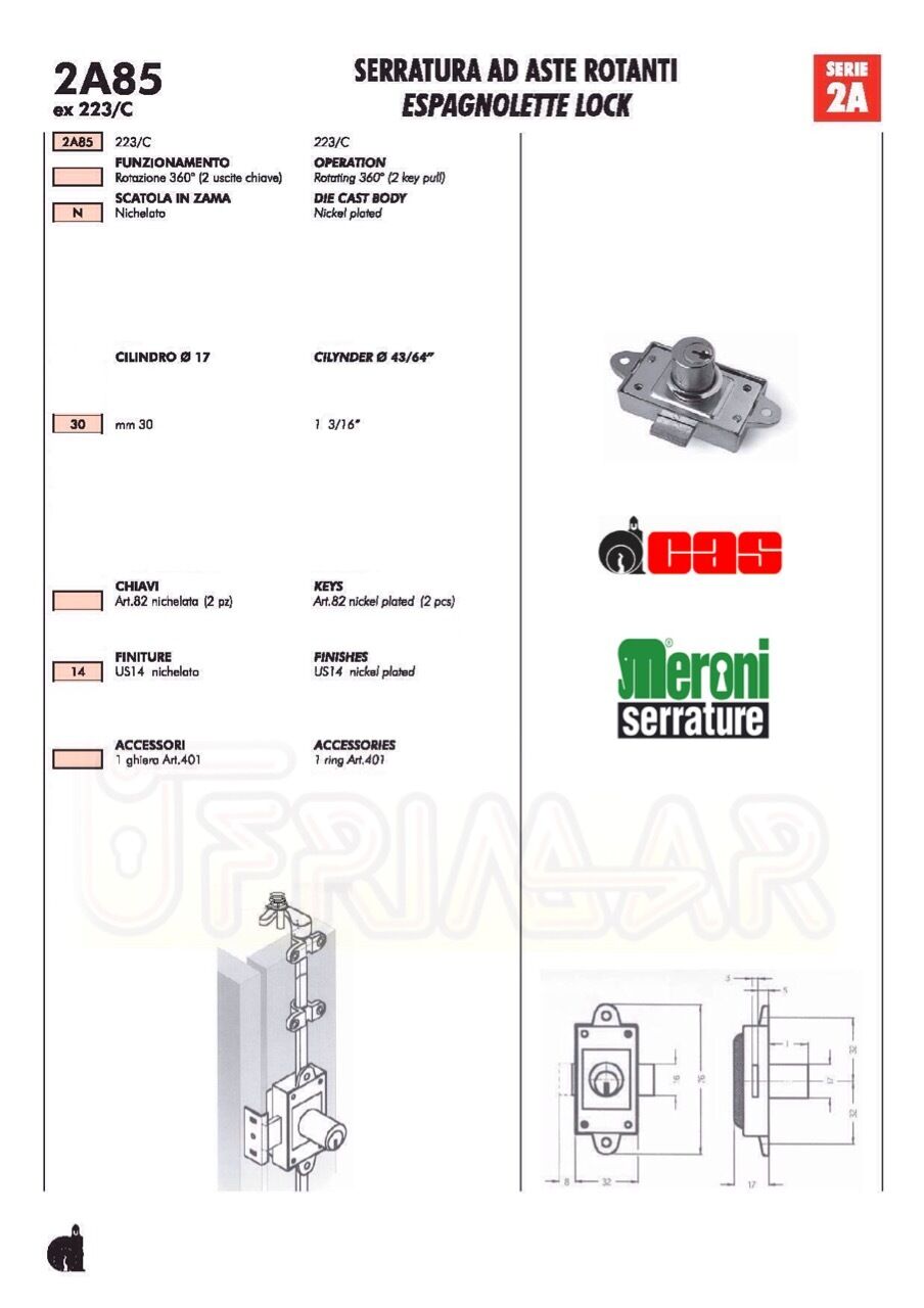 Serratura per armadio CAS 223C Aste Rotanti cilindro H.mm.25 marchio Tecno Lock