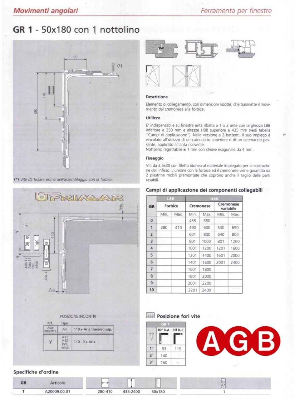 Movimento angolare AGB cod.A400090001 GR1 mm.50x185 ricambio per anta ribalta