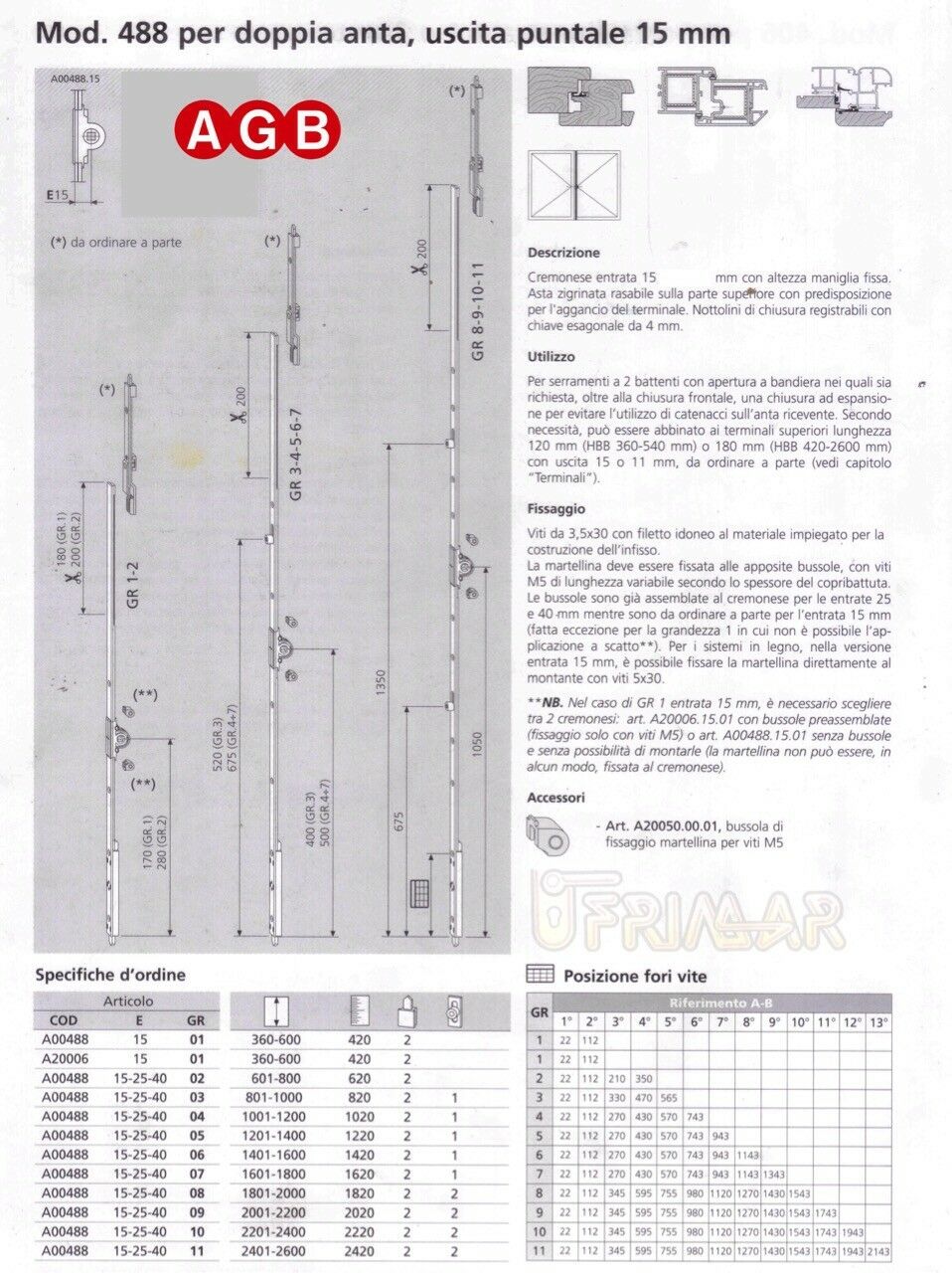 Cremonese AGB doppia anta A004881502 mod.488 cm.60/80 GR2 per infissi legno