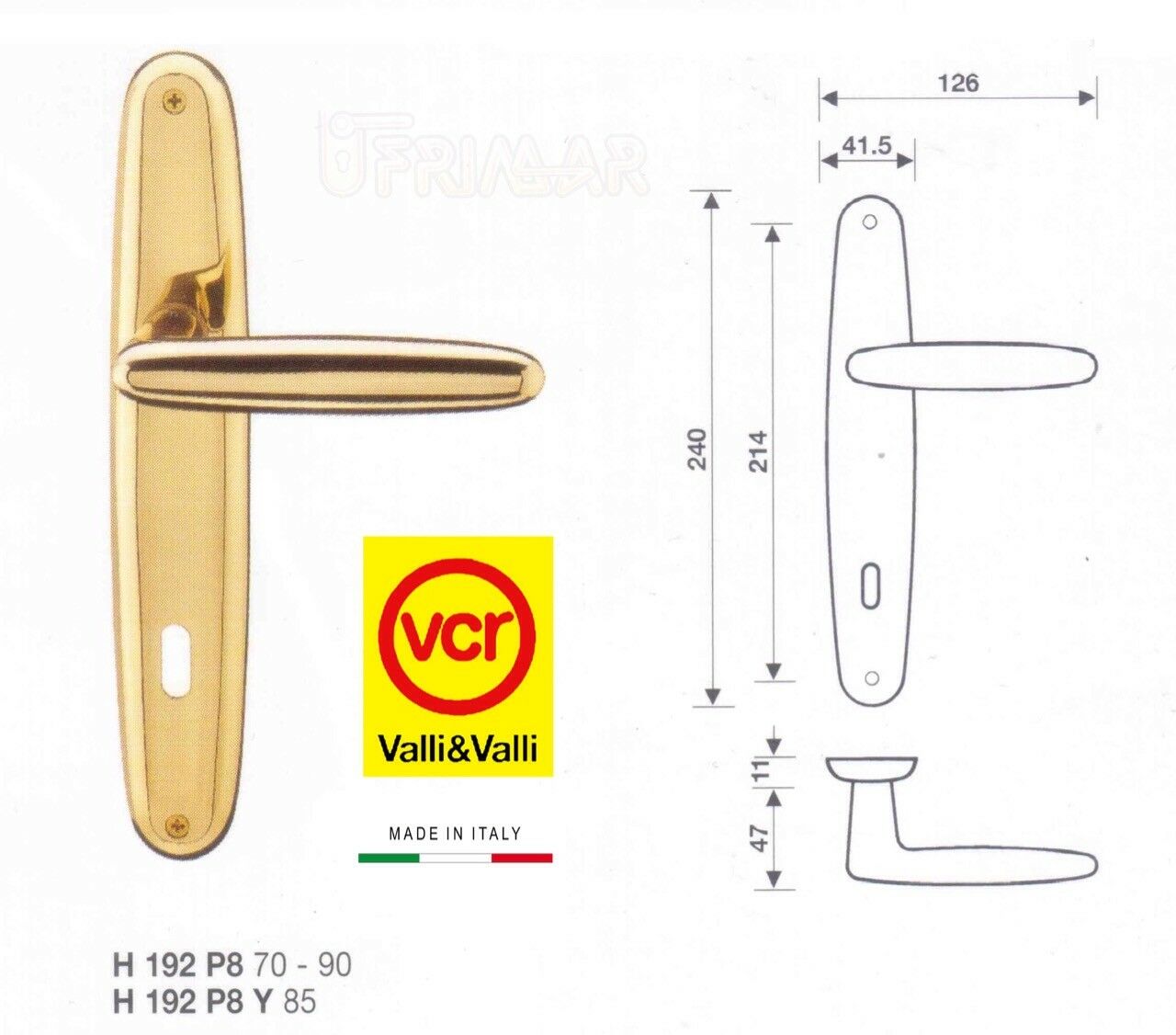 Maniglia porta Valli e Valli Prunus H192 P8Y Ottone lucido D.85 foro Yale