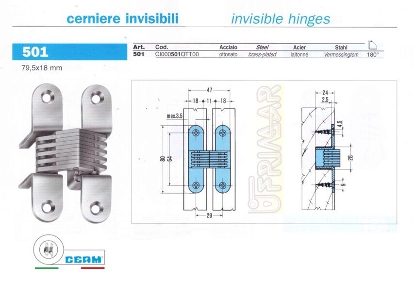 CERNIERA INVISIBILE A SCOMPARSA CEAM 501 mm.80x17 PER PORTE E MOBILI IN LEGNO