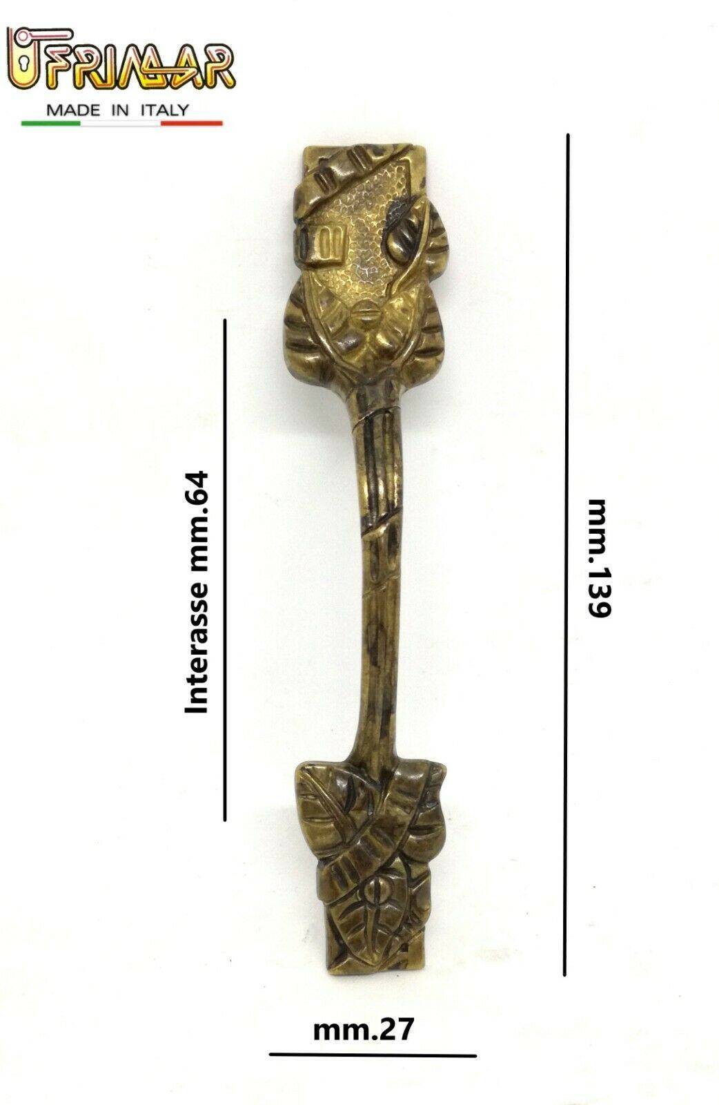 MANIGLIA CLASSICA PER MOBILI ANTICHI Interasse mm.64 OTTONE PATINATO ANTICO