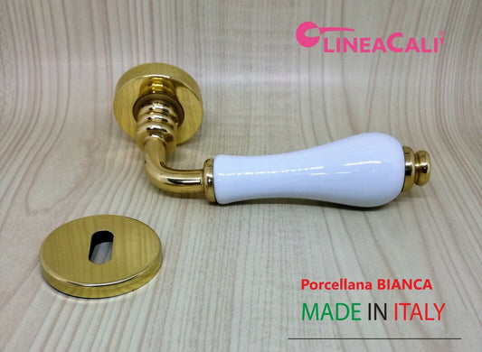 MANIGLIA PORTA CERAMICA PORCELLANA BIANCA E OTTONE LUCIDO DALIA LINEA CALI'