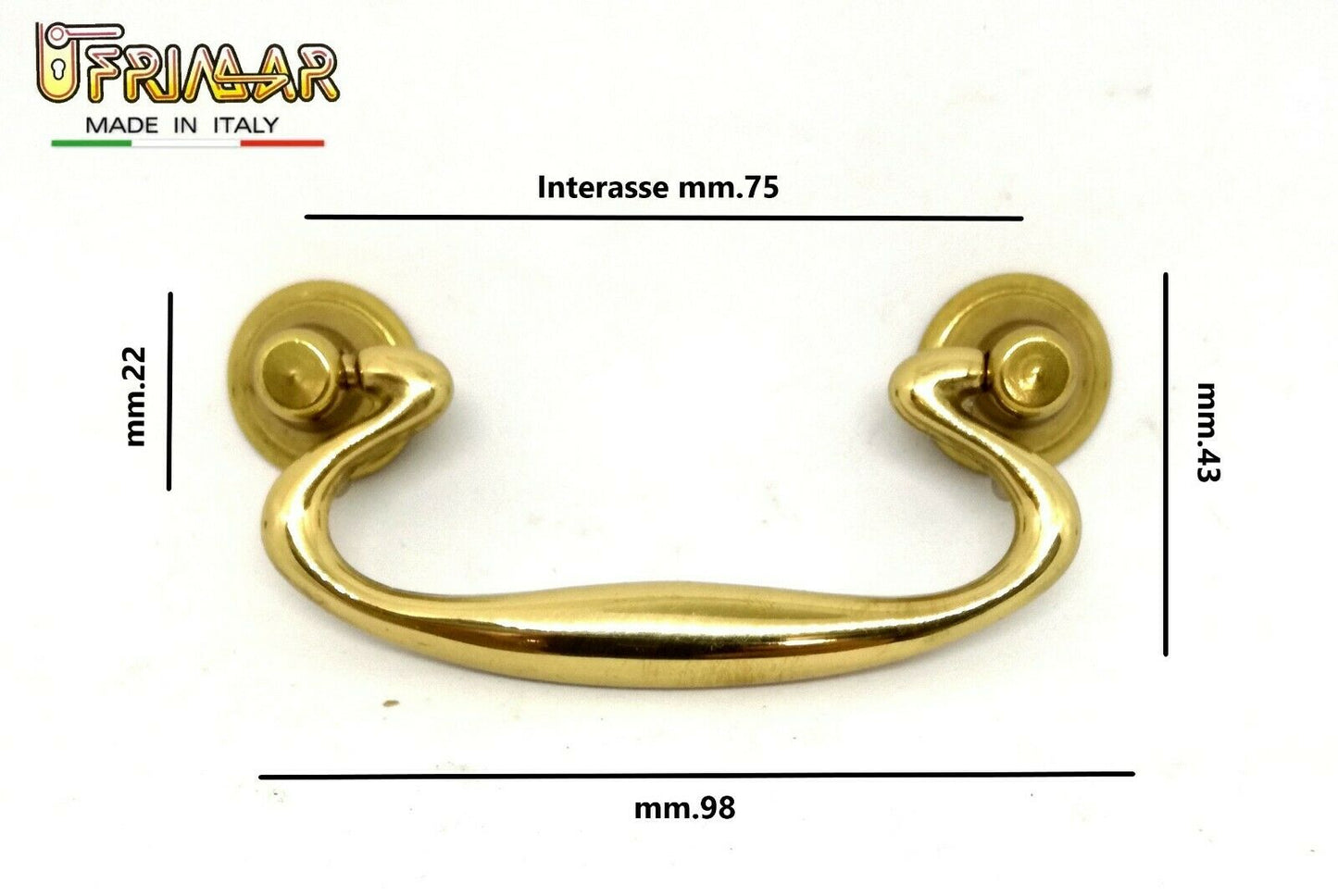 MANIGLIA PER MOBILI ANTICHI CLASSICI Interasse mm.75 OTTONE LUCIDO ditta BESANA