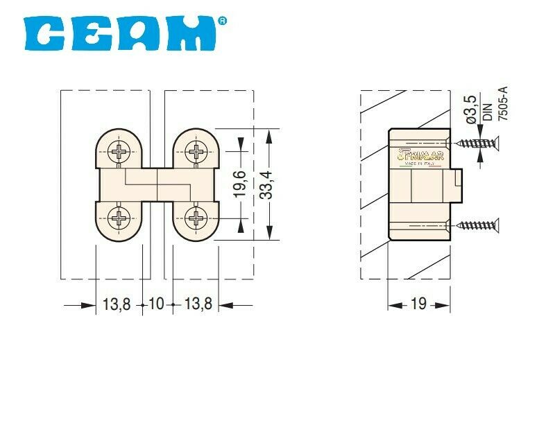CERNIERA INVISIBILE A SCOMPARSA CEAM 2022 mm.33,4x13,8 PER MOBILI IN LEGNO BI/MA