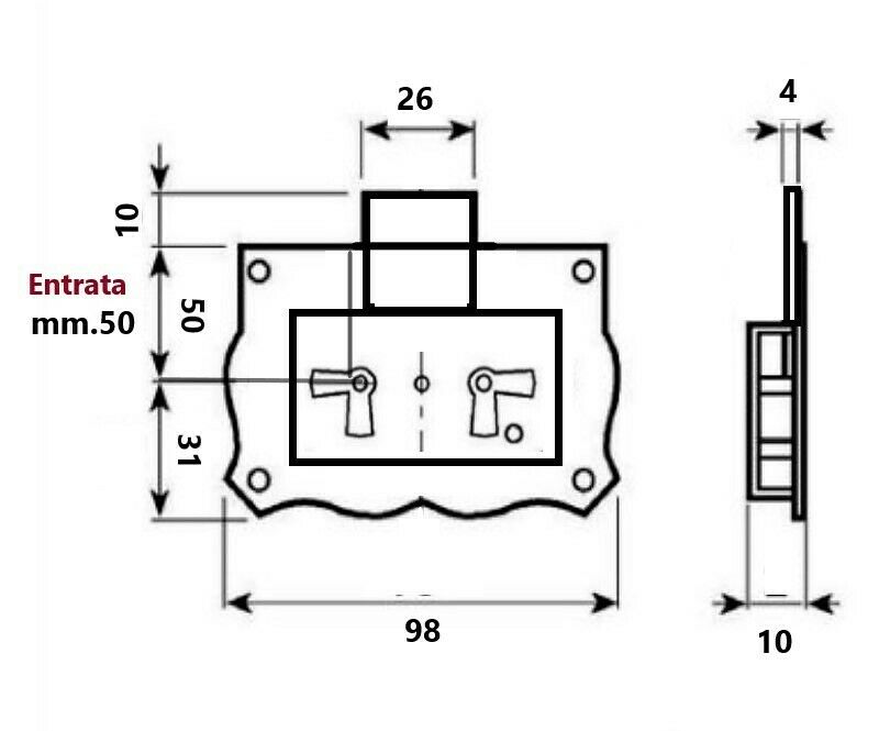 SERRATURA PER MOBILI ANTICHI Entrata mm.50 CASSA INCASSO 572 FASEM AMBIDESTRA