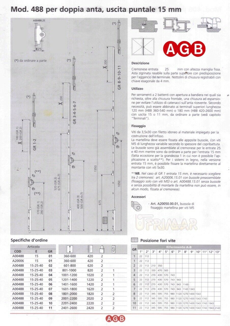 Cremonese AGB doppia anta A004882510 cm.220/240 GR10 per infissi legno E.mm.25