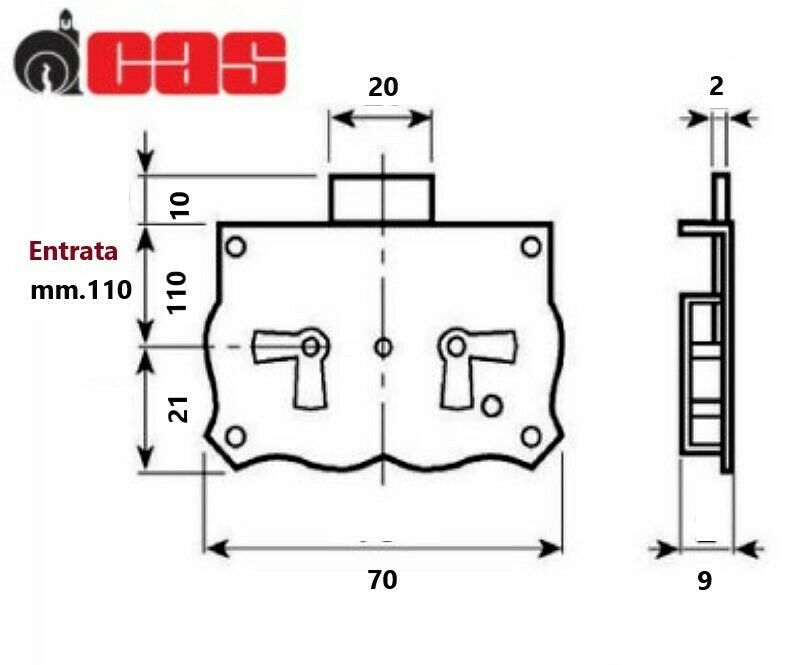 SERRATURA PER MOBILI ANTICHI Entrata mm.110 CAS CASSA ESTERNA A REDOSSO BRUNITA