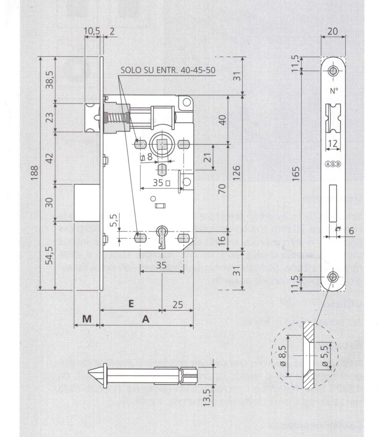 SERRATURA AGB PATENT PICCOLA 00574.50 E.mm.50 OTTONE DIST.mm.70 INFILARE PORTA