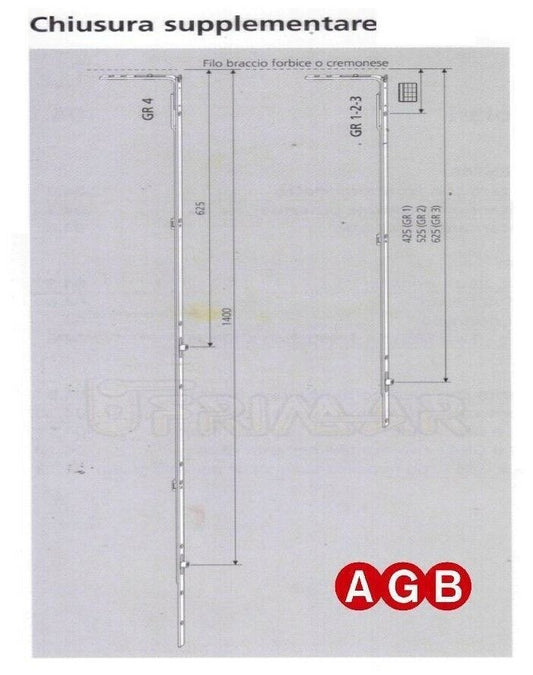 Chiusura Supplementare Ridotta AGB A200130003 cm.125/180 GR3 per anta ribalta
