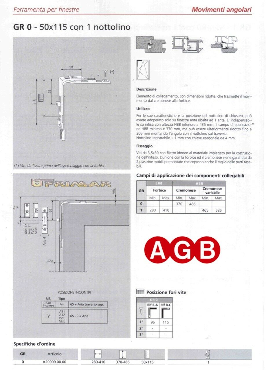 Movimento angolare AGB cod.A200090000 GR0 mm.50x115 ricambio per finestra legno