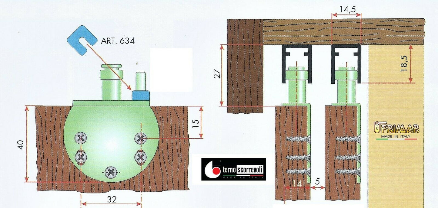 Kit per ante scorrevoli sovrapposte Terno 636 Guida superiore con fermo coppia