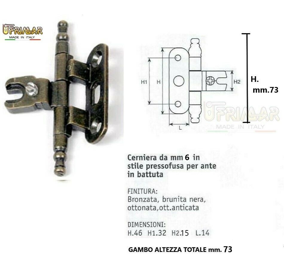 CERNIERE PER MOBILI ANTICHI ANTE gambo D.6 H.73 BRONZO ANTICO ANSELMI 254