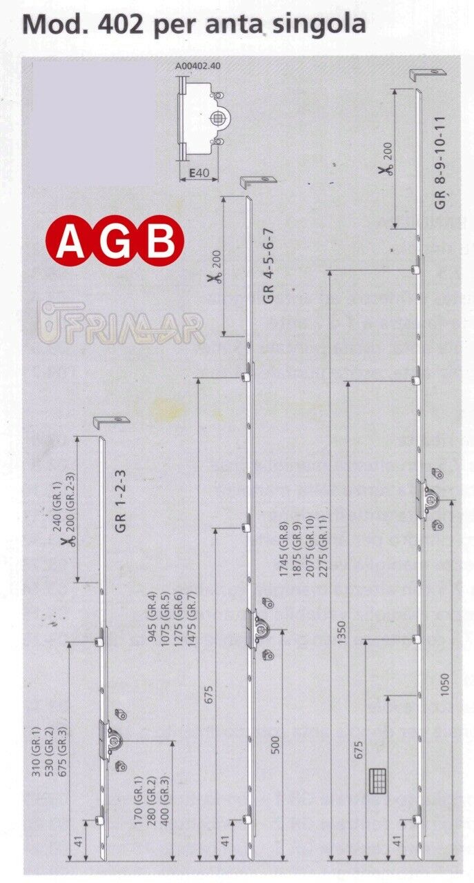 Cremonese anta singola AGB A004024010 mod.402 cm.220/240 GR10 Entrata mm.40