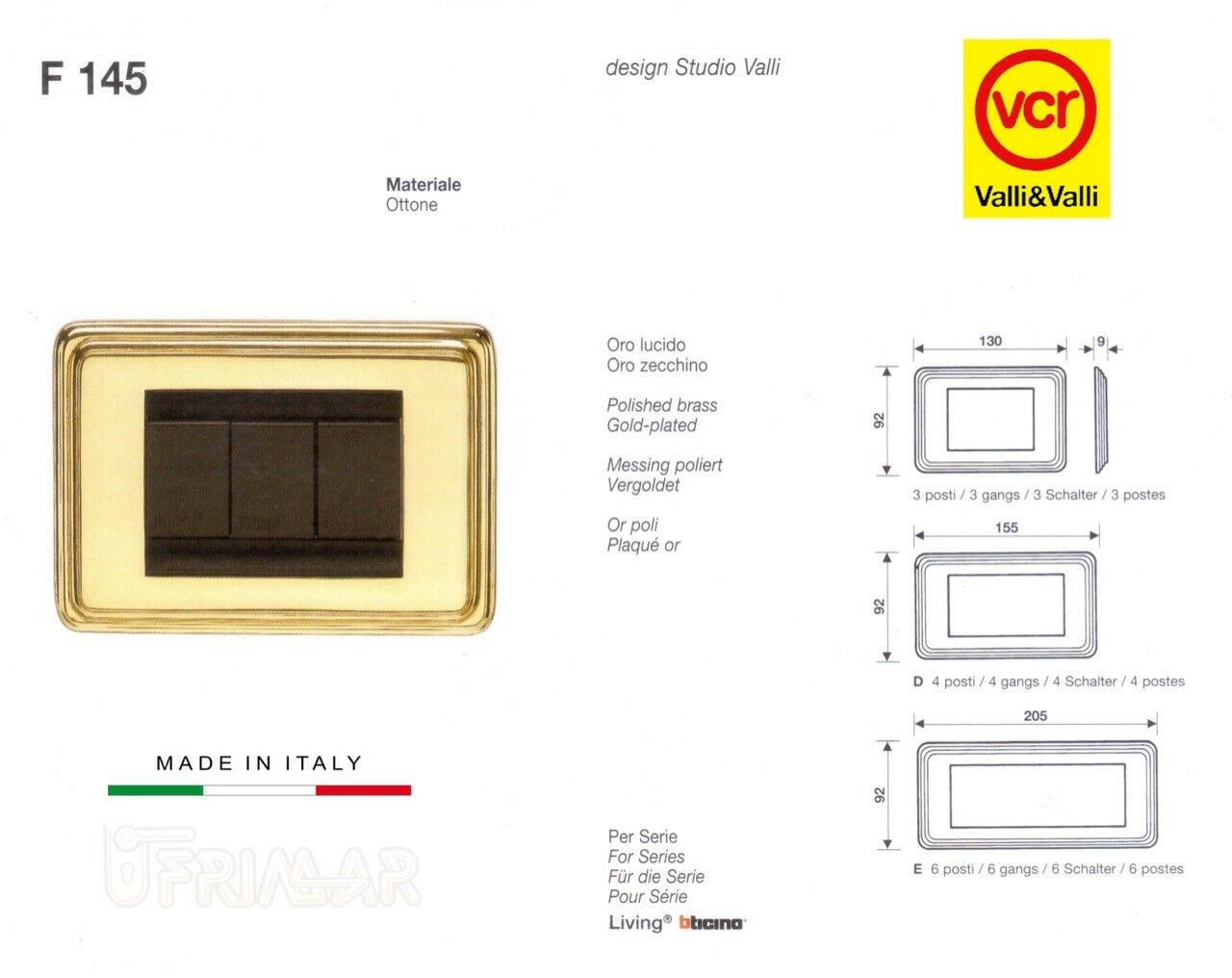 Placca interuttori Valli e Valli F145 3 posti Ottone Luc. Valli & Colombo Living