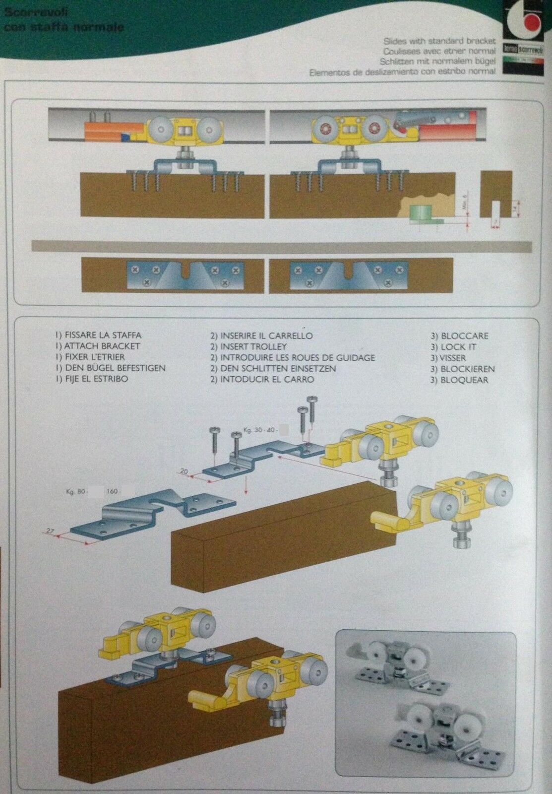 PATTINI IN KIT PORTATA KG.40 STAFFA NORMALE " TERNO "  PER PORTE SCORREVOLI