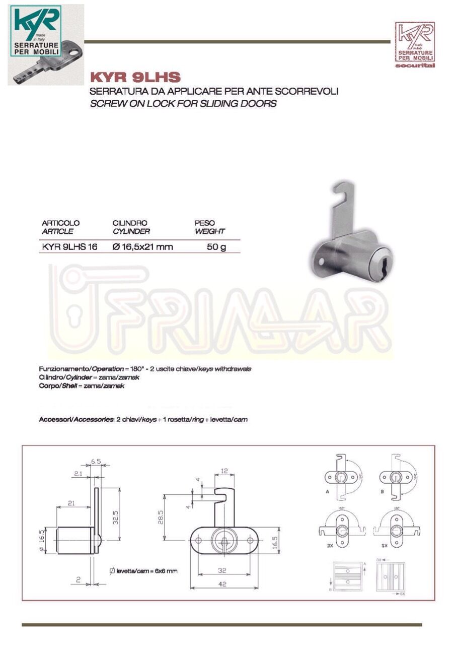 SERRATURA KYR ART.9LHS DA APPLICARE PER ANTE SCORREVOLI CIL.D.16,5 H.mm.21