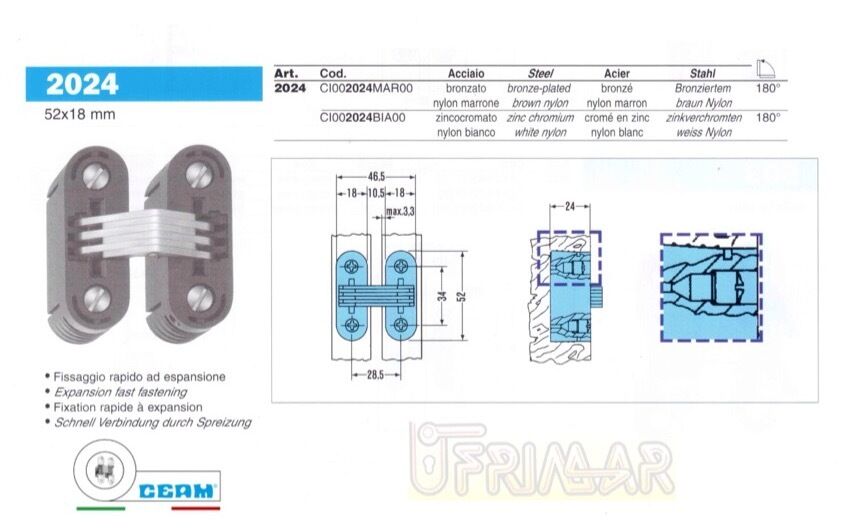 CERNIERA INVISIBILE A SCOMPARSA CEAM 2024 mm.52x18 PER PORTE MOBILI IN LEGNO
