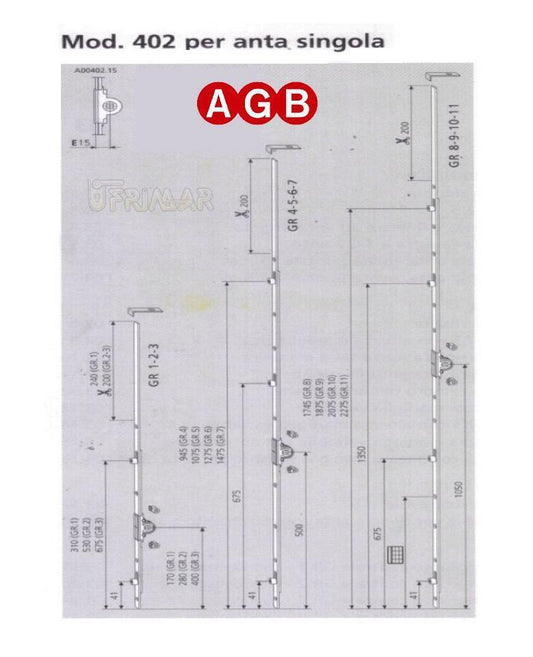 Cremonese anta singola AGB A004021508 mod.402 cm.180/200 GR8 per infissi legno