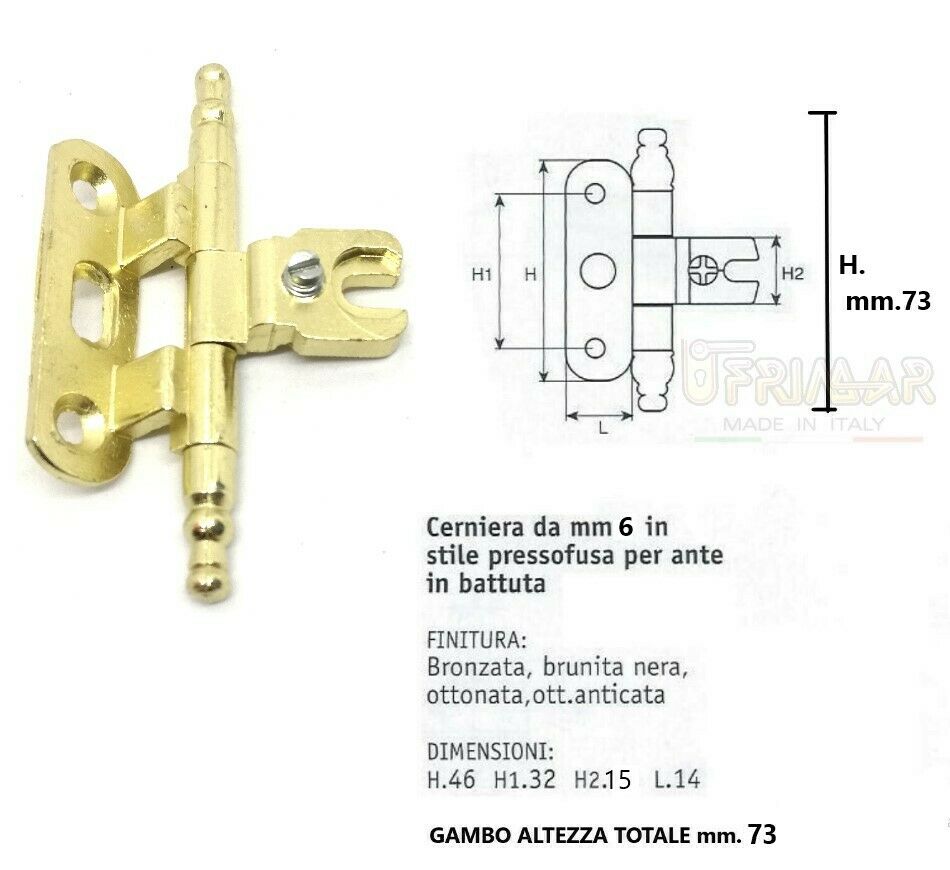CERNIERE PER MOBILI ANTICHI PER ANTE A BATTUTA gambo D.6 H.73 ORO ANSELMI 254