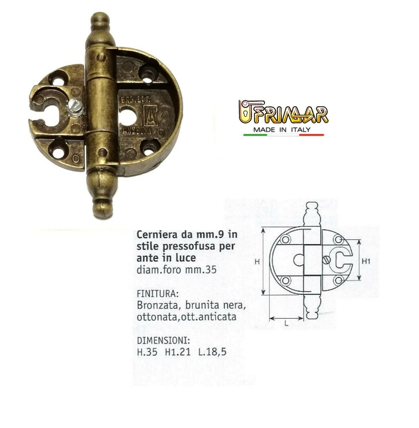 CERNIERE PER MOBILI ANTICHI PER ANTE BRONZO ANTICO D.mm.35 Gambo D.9 ANSELMI 231