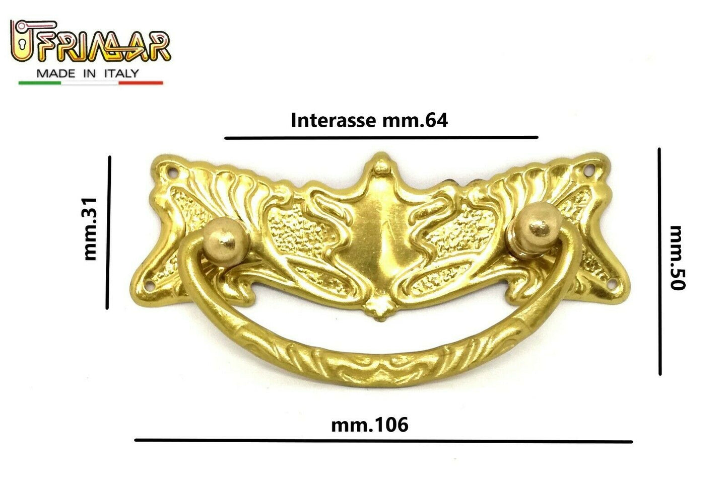 MANIGLIA CLASSICA PER MOBILI ANTICHI Interasse mm.64 OTTONE LUCIDO ditta GIUSTI