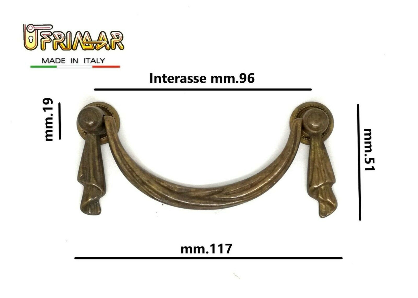 MANIGLIA PER MOBILI D'EPOCA ANTICHI Interasse mm.96 OTTONE PATINATO ditta BESANA